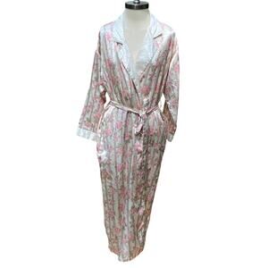 Vintage tan pink Grannycore  Med Satin Lingerie Robe floral